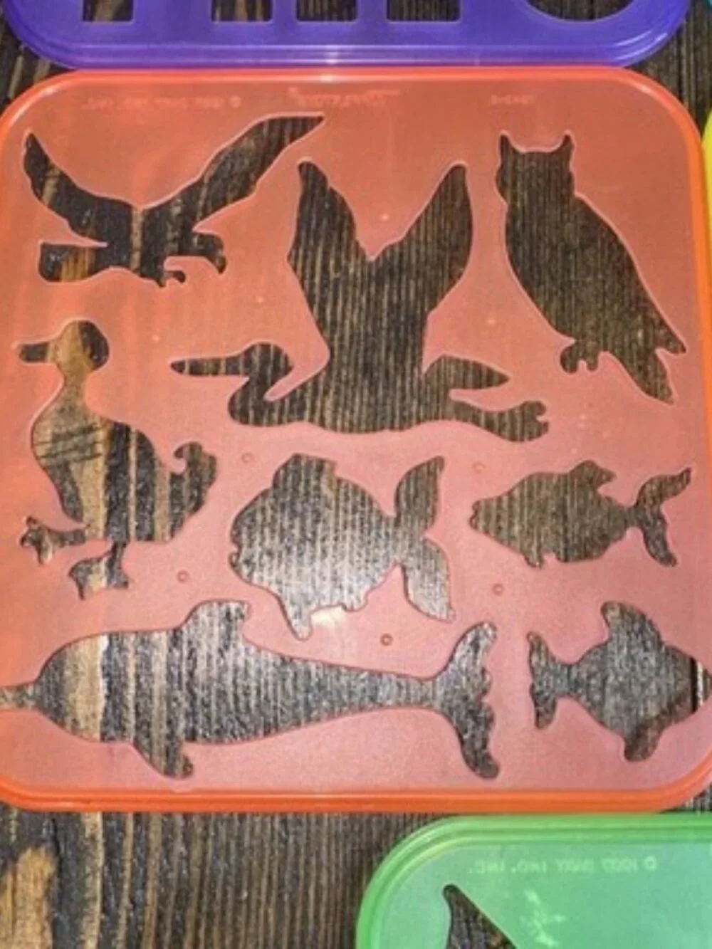 1987 VTG Set Of 5 Tupperware Tuppertoys Art Shapes Stencil Train Dog Fish Flower